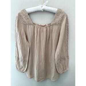 SOFT SURROUNDINGS | Beige Boho Peasant Blouse Crochet Trim Romantic Top | Small